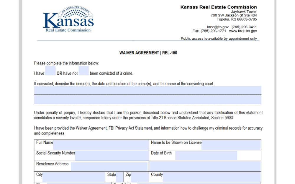 Screenshot of a waiver agreement form from the Kansas Real Estate Commission requesting personal information and disclosure of any criminal convictions for licensing purposes.